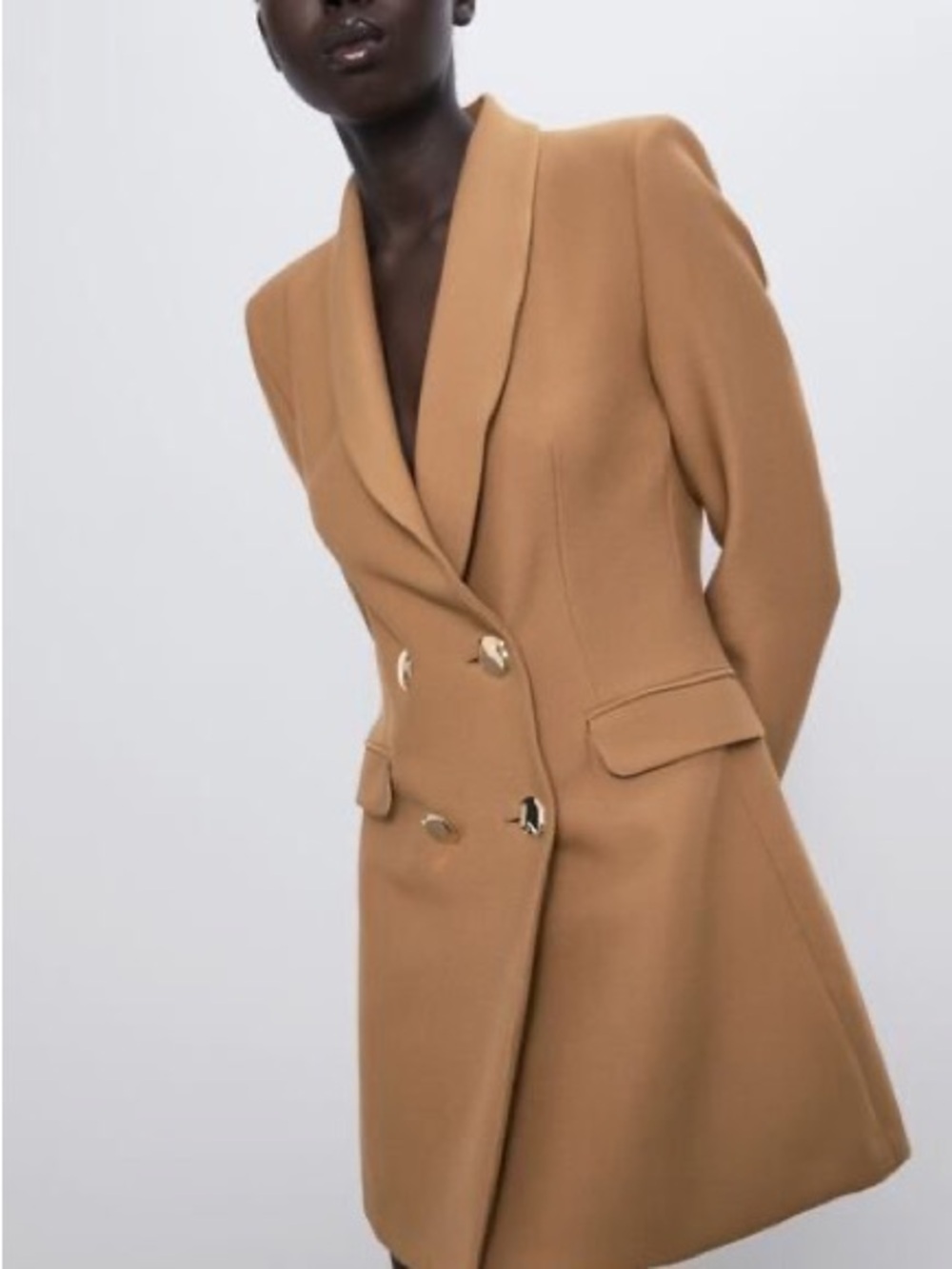 Zara Tailored Double-Breasted Camel Coat Jacket